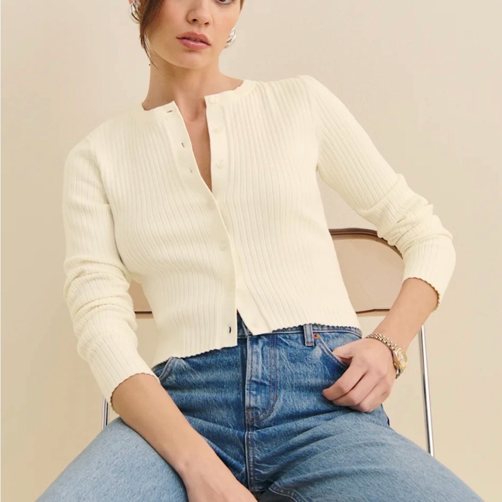 Reformation Cream Ribbed Button-Up Cardigan Medium